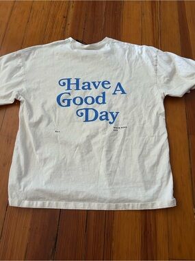 White Fox Boutique White Tee with Blue 'Have A Good Day' Graphic